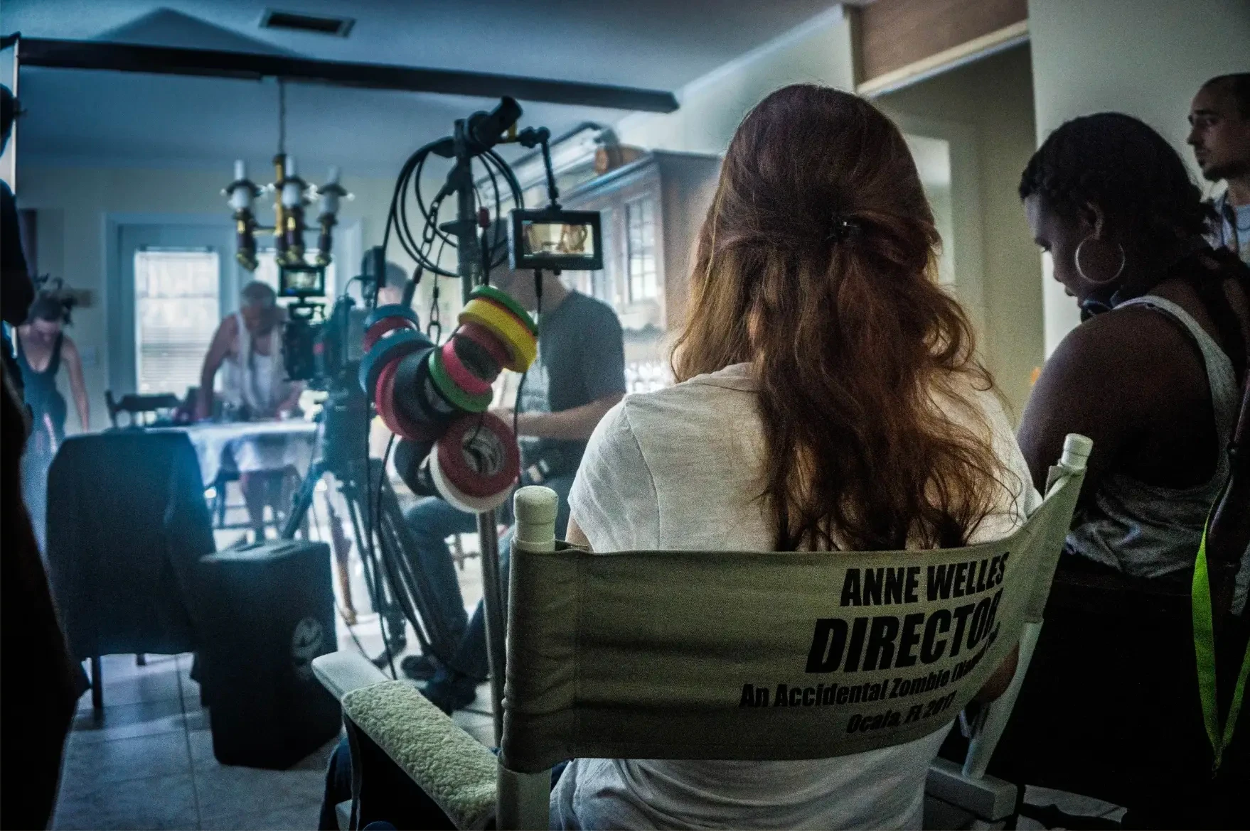 Anne Welles in her director's chair on the set of An Accidental Zombie, Ocala FL